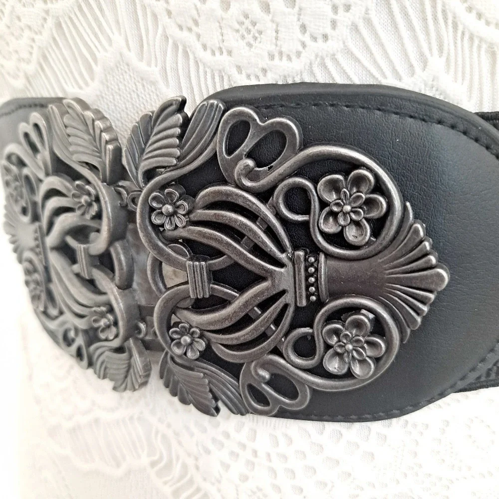 Black Stretch Waist Belt with Decorative Silver-Tone Floral Buckle
